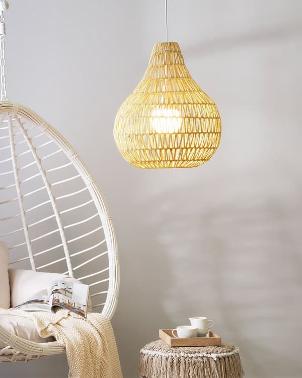 Pendel Lampe Beige Papir Reb ø 40 x 167 cm Flettet Lampeskærm Pæreformet Rund Boho Stil Flot Mønstret Skygger Belysning til Stue Pigeværelse