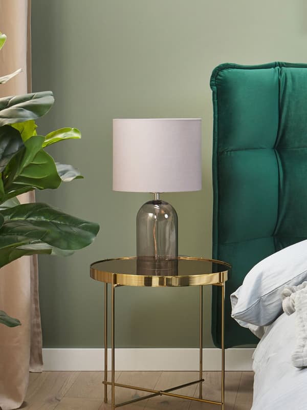 Bordlampe Grå Polyester og Glas 44 x 25 cm Moderne Natbordslampe med Transparent Base og Stof Skærm Design til Stue Soveværelse Indretning