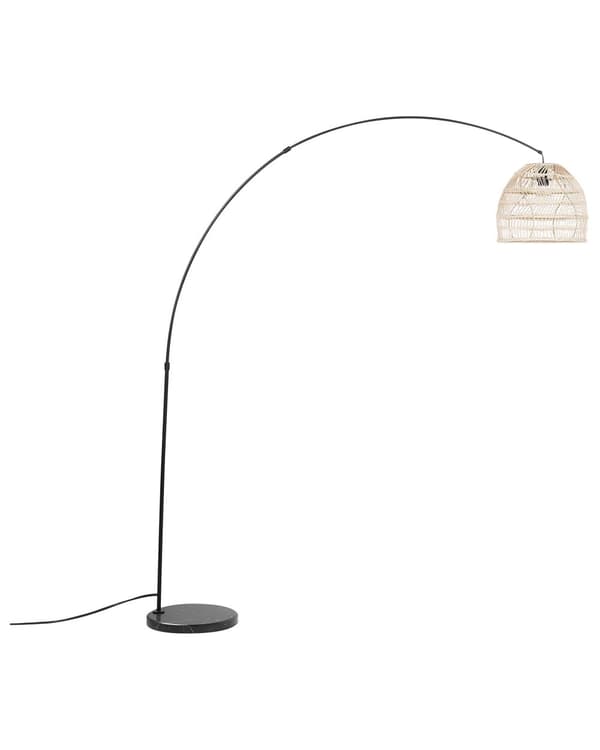 Gulvlampe Sort og Beige Metal Mat Pulverlakeret og Rattan 195 cm Buet Stel med Åben Skærm