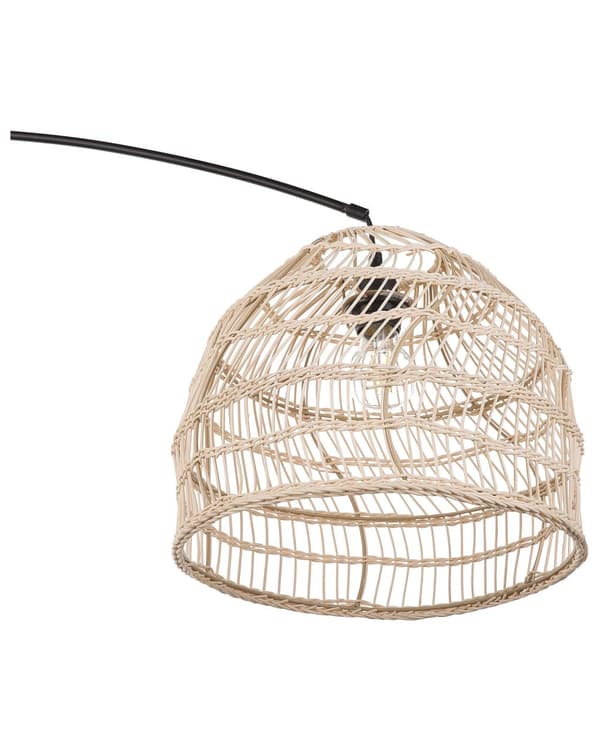 Gulvlampe Sort og Beige Metal Mat Pulverlakeret og Rattan 195 cm Buet Stel med Åben Skærm