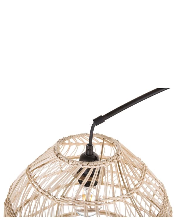 Gulvlampe Sort og Beige Metal Mat Pulverlakeret og Rattan 195 cm Buet Stel med Åben Skærm
