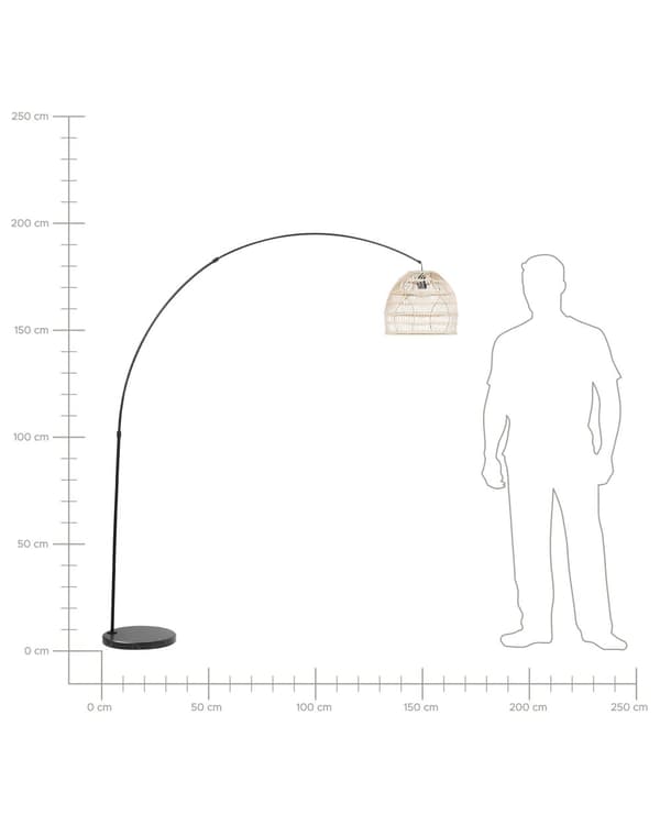 Gulvlampe Sort og Beige Metal Mat Pulverlakeret og Rattan 195 cm Buet Stel med Åben Skærm