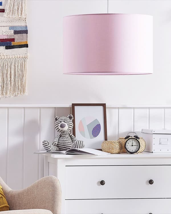Hængende Loftslampe Lyserød Stof Rund Lampeskærm Moderne Stil