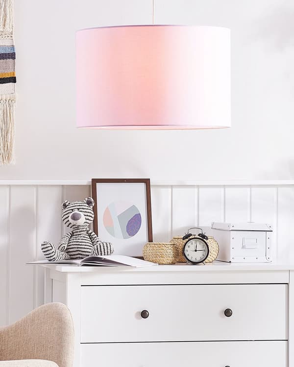 Hængende Loftslampe Lyserød Stof Rund Lampeskærm Moderne Stil