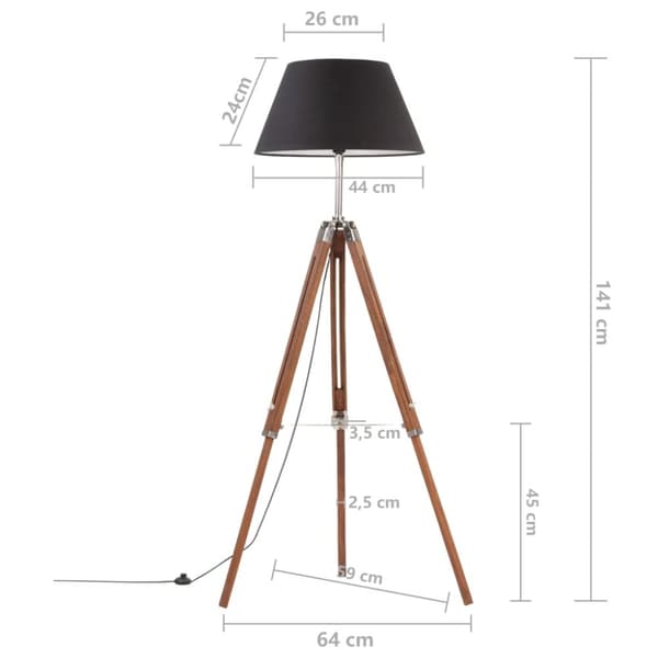 vidaXL gulvlampe med trefod 141 cm massivt teaktræ honningbrun og sort