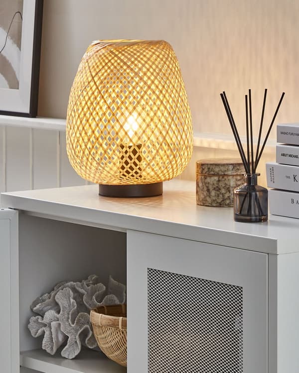 Bordlampe Lyst Bambustræ med Sort PVC 30 x 23 cm Boho Design Oval Åben Skærm Flet med Optimal Energieffektivitet Stue Køkken Indretning