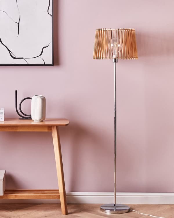 Gulvlampe Lyst Træ Sølv Metal 153 cm Standerlampe i Lamel Cylinder Lampeskærm Design Lampe på Fod til Stue Kontor Soveværelse Indretning