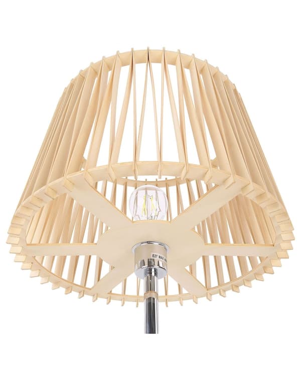 Gulvlampe Lyst Træ Sølv Metal 153 cm Standerlampe i Lamel Cylinder Lampeskærm Design Lampe på Fod til Stue Kontor Soveværelse Indretning