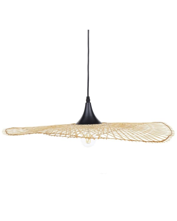 Hængelampe Lyst Bambustræ Sort PVC Metal 128 x 62 cm Oval Flad Stråhat Skærm Dekoration Design Beroligende Lys Høj Kvalitet