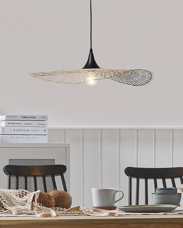 Hængelampe Lyst Bambustræ Sort PVC Metal 128 x 62 cm Oval Flad Stråhat Skærm Dekoration Design Beroligende Lys Høj Kvalitet