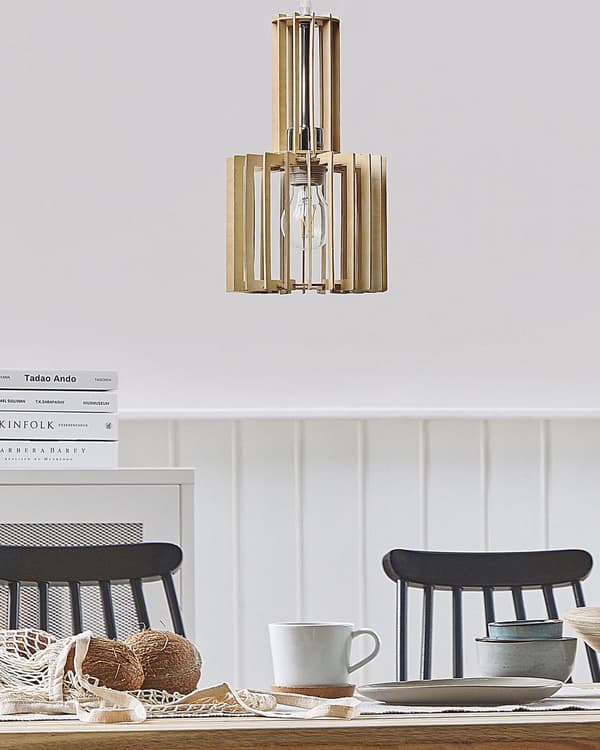 Pendel Lampe Lyst Træ MDF ø 19 x 119 cm Dekorativ Hængelampe Lamel Skærm Belysning Boho Design Køkken Stue Spisebordslampe Inspiration
