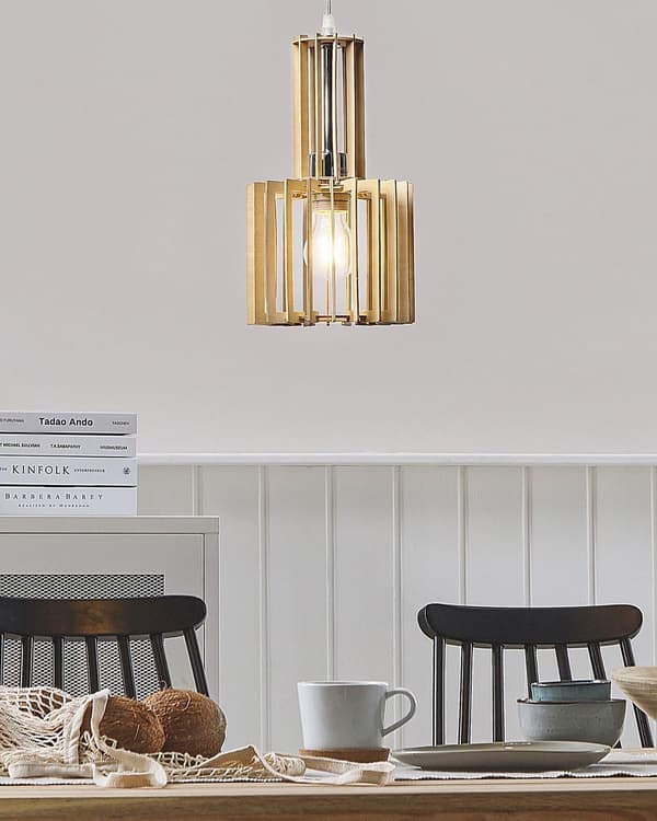 Pendel Lampe Lyst Træ MDF ø 19 x 119 cm Dekorativ Hængelampe Lamel Skærm Belysning Boho Design Køkken Stue Spisebordslampe Inspiration