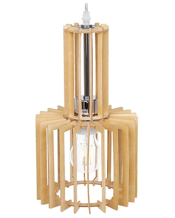 Pendel Lampe Lyst Træ MDF ø 19 x 119 cm Dekorativ Hængelampe Lamel Skærm Belysning Boho Design Køkken Stue Spisebordslampe Inspiration