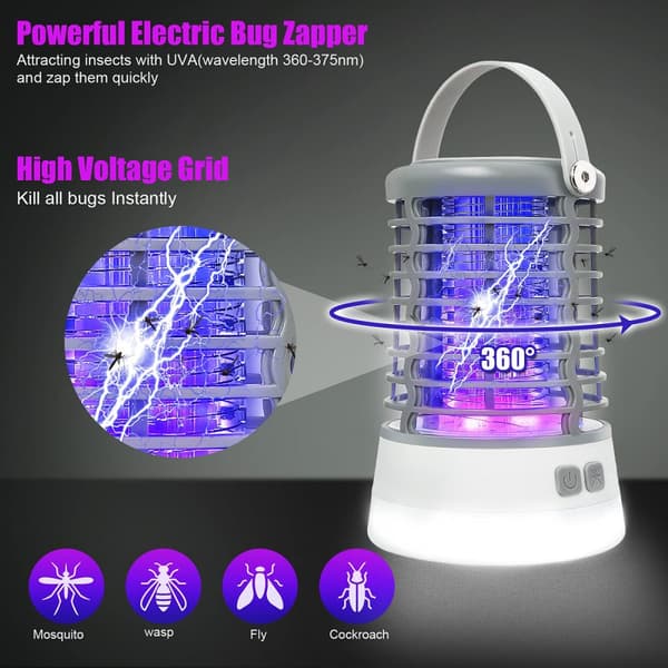 Elfeland 500-1000V Power Grid LED Elektrisk Mosquito Killer Light med UV-ljus Myggfälla Utomhus IP65 Vattentät USB Uppladdningsbar （Grå / svart）