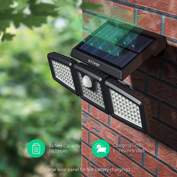 BlitzWolf BW-OLT4 128LED Roterbart 3-hoveder Solar Light, 270° Justerbar vinkel, 120°PIR Bevægelsessensor Udendørs Flood Light LED Garage Light