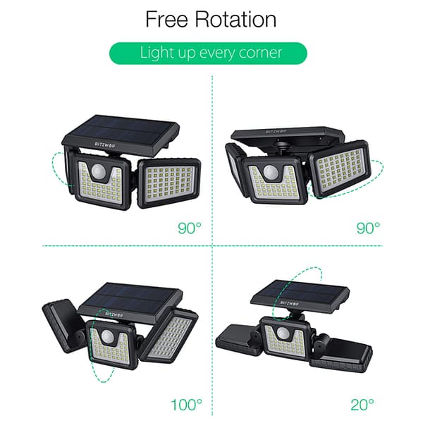 BlitzWolf BW-OLT4 128LED Roterbart 3-hoveder Solar Light, 270° Justerbar vinkel, 120°PIR Bevægelsessensor Udendørs Flood Light LED Garage Light