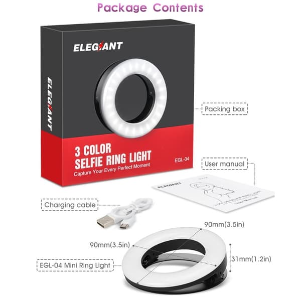 ELEGIANT EGL-04 Uppladdningsbar clip-on Selfie Ring Light 40-LED 3-läges bärbar fyllningslampa