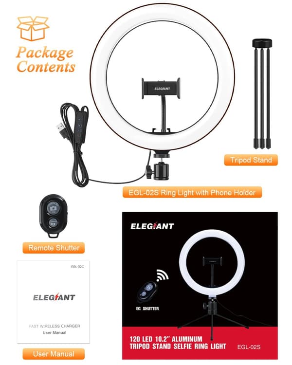 ELEGIANT 10,2" Selfie-ringljus med stativ, dimbar ringljus med mobiltelefonhållare 3 ljuslägen och 11 ljusstyrka för YouTube-video L