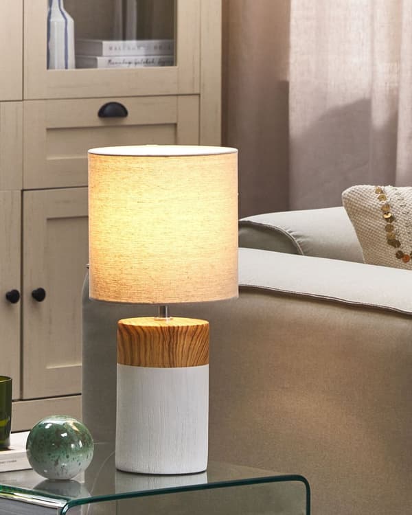 Pöytävalaisin valkoinen/vaalea puu keraaminen jalka 43 cm beige kankainen lampunvarjostin