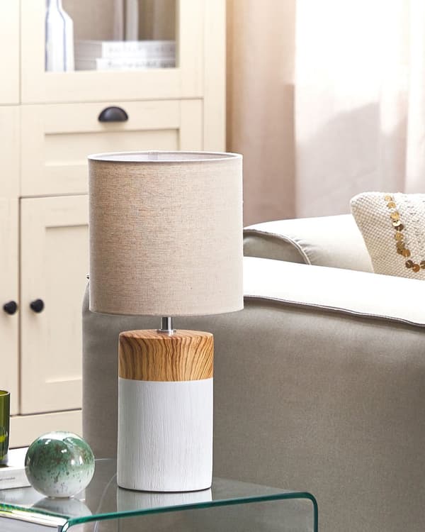 Pöytävalaisin valkoinen/vaalea puu keraaminen jalka 43 cm beige kankainen lampunvarjostin