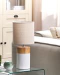 Pikkukuva 5 / 10: Pöytävalaisin valkoinen/vaalea puu keraaminen jalka 43 cm beige kankainen lampunvarjostin