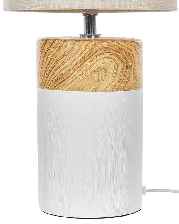 Pöytävalaisin valkoinen/vaalea puu keraaminen jalka 43 cm beige kankainen lampunvarjostin