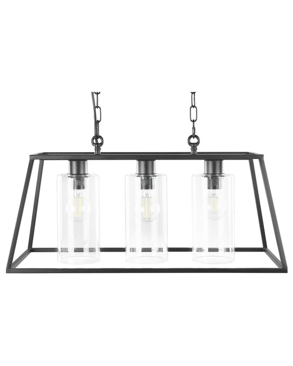 Pendel Lampe Sort Jern og Glas 60 x 117 cm Dekorativ Langbordspendel med 3 lys til over Spisebord Køkkenet Design Hængelampe Industriel