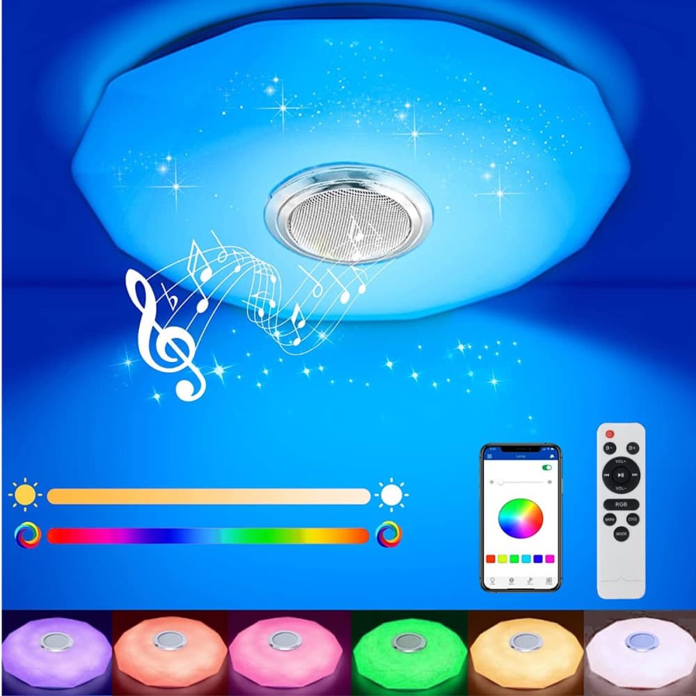 Doersupp Dimbar musik bluetooth högtalare RGB LED taklampa med fjärrkontroll via app Multicolor för sovrum vardagsrum kök hem