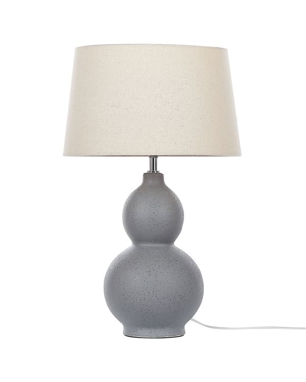 Bordlampe grå keramisk base hvid stof lampeskærm unik form moderne belysning