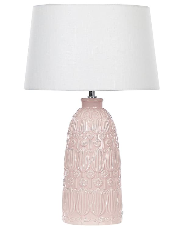 Bordlampe pink keramisk sokkel dekoreret med hvidt stof skærmbelysning til lejligheden