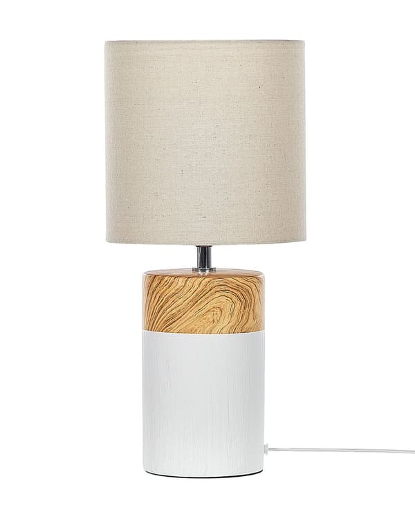 Bordlampe hvid og lys træ Keramisk sokkel 43 cm Beige stofskærm Klassisk sengebordslampe