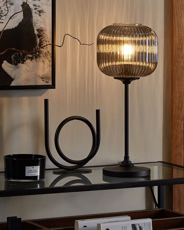 Bordlampe sort grå metalglas 50 cm lampeskærm kugle sengelampe mat stue soveværelse klassisk
