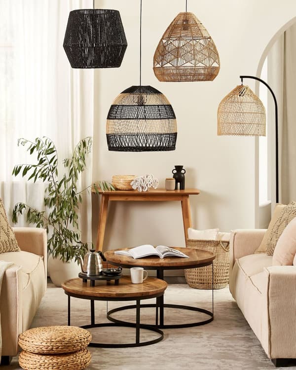 Pendel Lampe Naturlig Beige og Sort Rattan 40 x 45 x 45 Rund Fuglebur Skærm Boho Belysning Dekor Tilbehør i Stue Entré Værelse Indretning