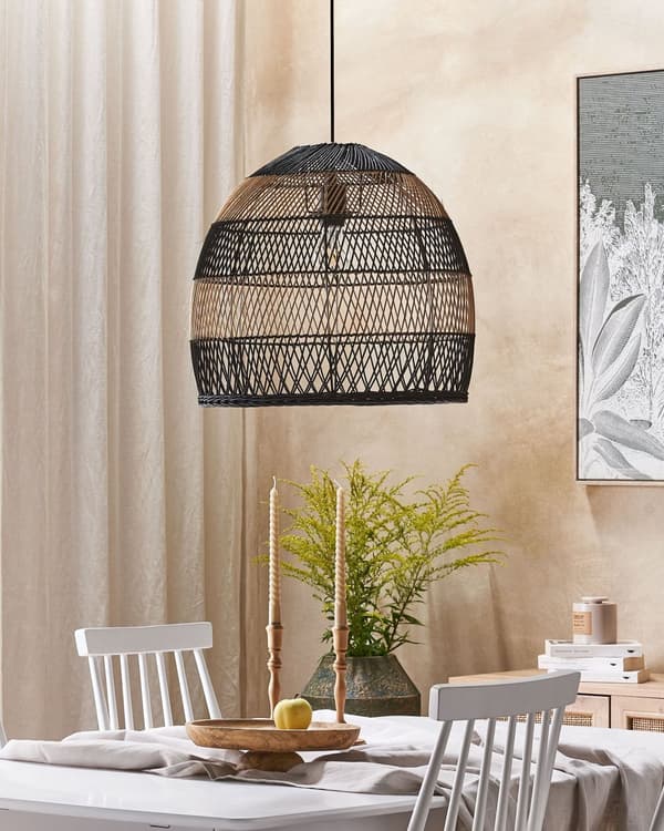 Pendel Lampe Naturlig Beige og Sort Rattan 40 x 45 x 45 Rund Fuglebur Skærm Boho Belysning Dekor Tilbehør i Stue Entré Værelse Indretning