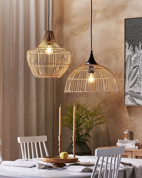 Pendel Lampe Naturlig Beige Rattan Sort PVC 20 x 40 x 40 Aben Skærm Struktur Boho Belysning Træ over Spisebord Køkken Stue Indretning