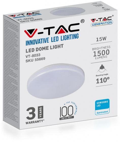 taklampa VT-8033 led 15W 3000K 1500lm 20 cm vit