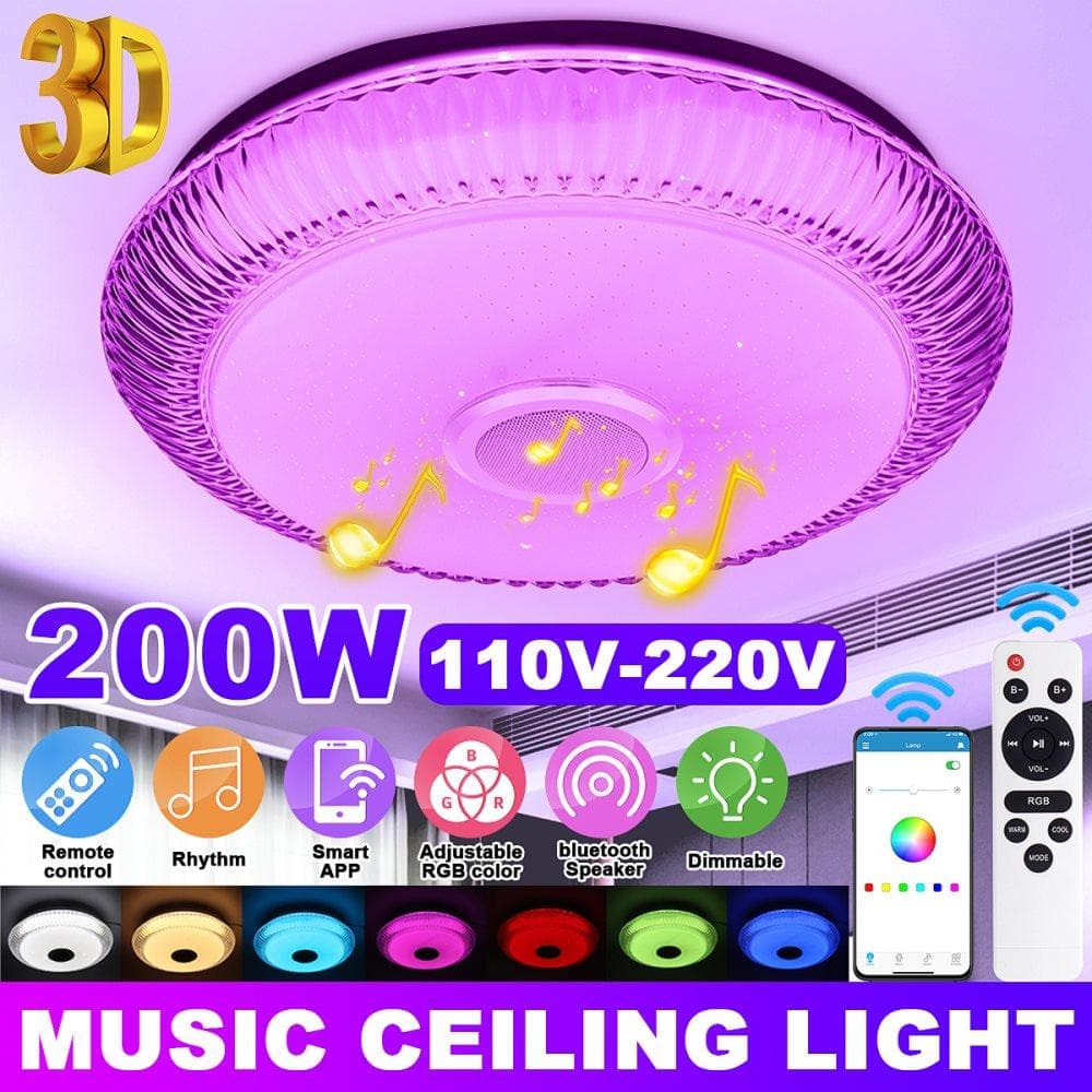 200W Smart LED-taklampa RGB bluetooth musikhögtalare Dimbar lampa med väggbrytare + kontroll för mobil APP + fjärrkontroll