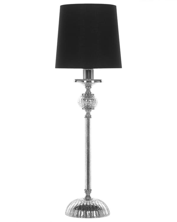 Bordlampe med Sølvfarget Metallfot Svart Empire-skjerm Glassdetaljer Skjerm