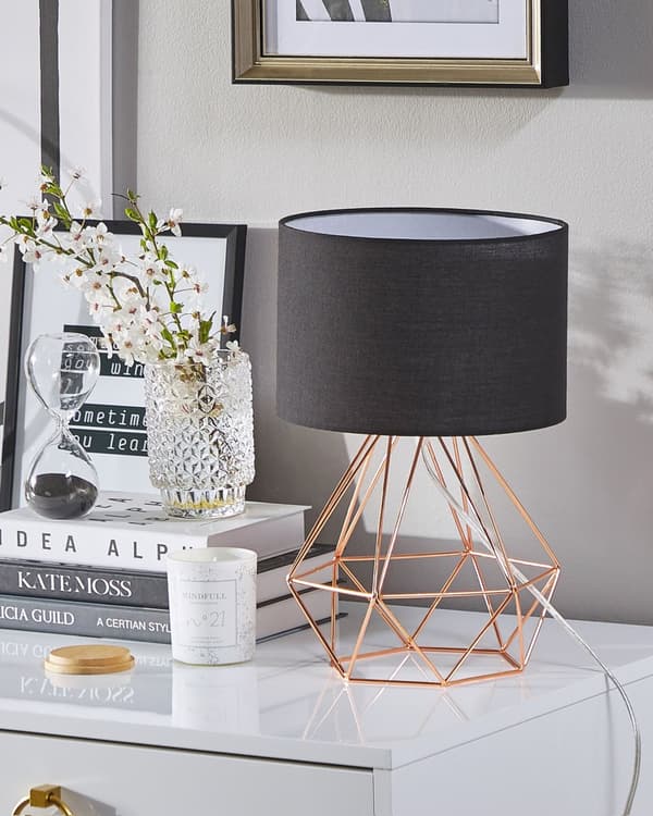 Bordlampe Svart Skjerm Industriell Trådbur Kobber