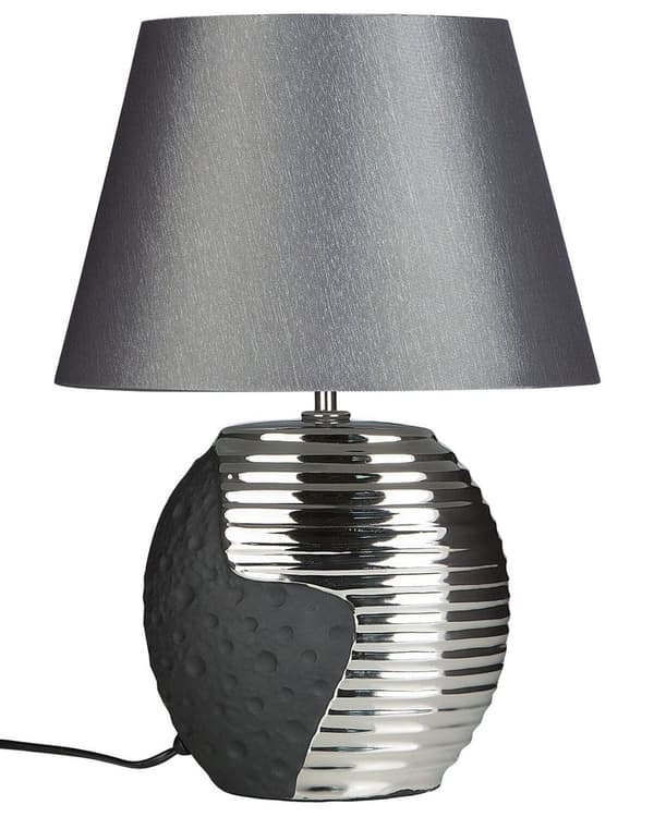 Bordlampe Sølv Keramisk Base Stoff Trommeskjerm Nattbordslampe