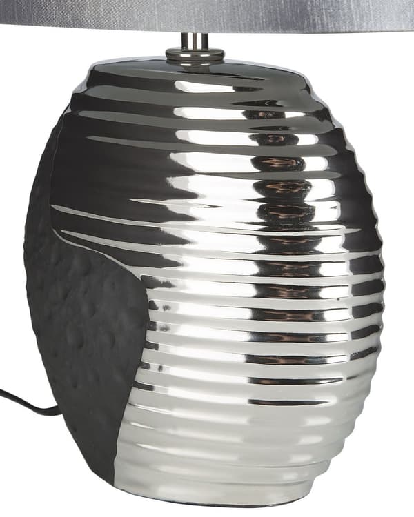 Bordlampe Sølv Keramisk Base Stoff Trommeskjerm Nattbordslampe