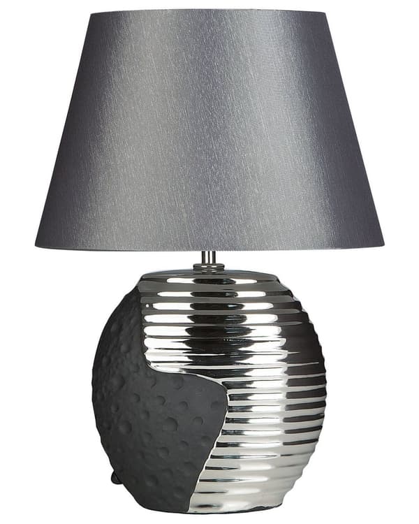 Bordlampe Sølv Keramisk Base Stoff Trommeskjerm Nattbordslampe