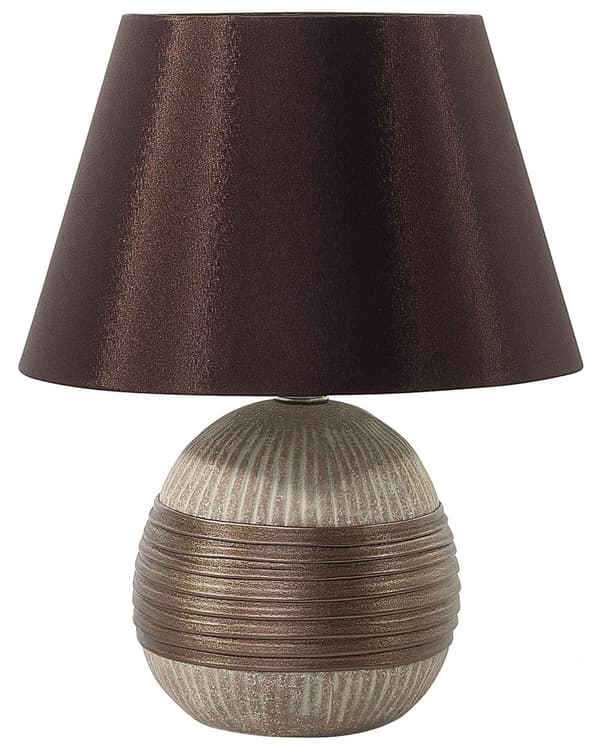 Nattbordslampe Brun keramikksokkel Kunstsilkeskjerm Kegleformet nattbordslampe