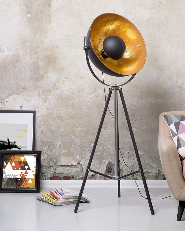 Gulvlampe Svart med Gullmetall 165 cm Stativfot Justerbar Åpen Skjerm Industriell Design