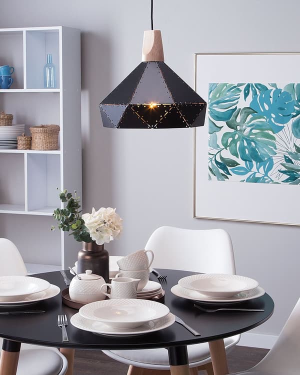 Pendellampe Svart Farge Metall Eik Tre Element Geometrisk Form Moderne