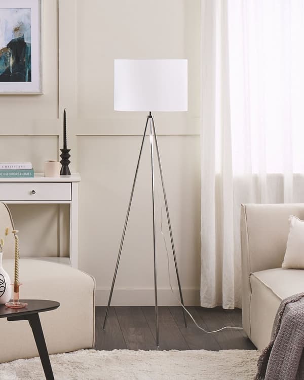 Gulvlampe Sølv Metall 148 cm Tripod Stativ Hvit Stoff Trommeskjerm