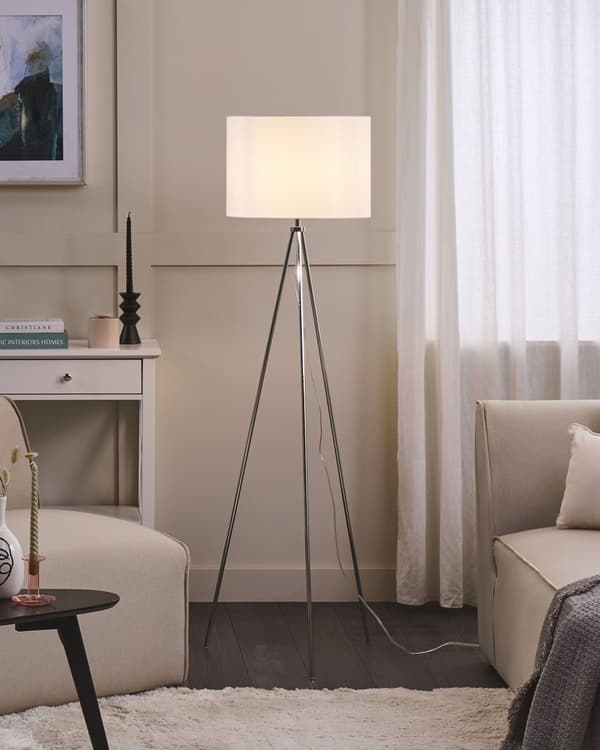 Gulvlampe Sølv Metall 148 cm Tripod Stativ Hvit Stoff Trommeskjerm