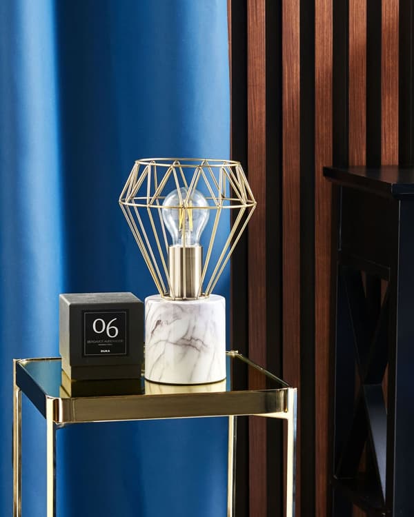 Bordlampe Nattbordslampe Messing Metall Diamond Bur Skjerm Rund Sokkel Marmor utseende