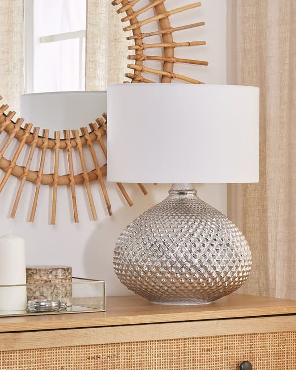 Bordlampe Sølv Metall 55H cm Hvit Polycotton-skjerm Glam