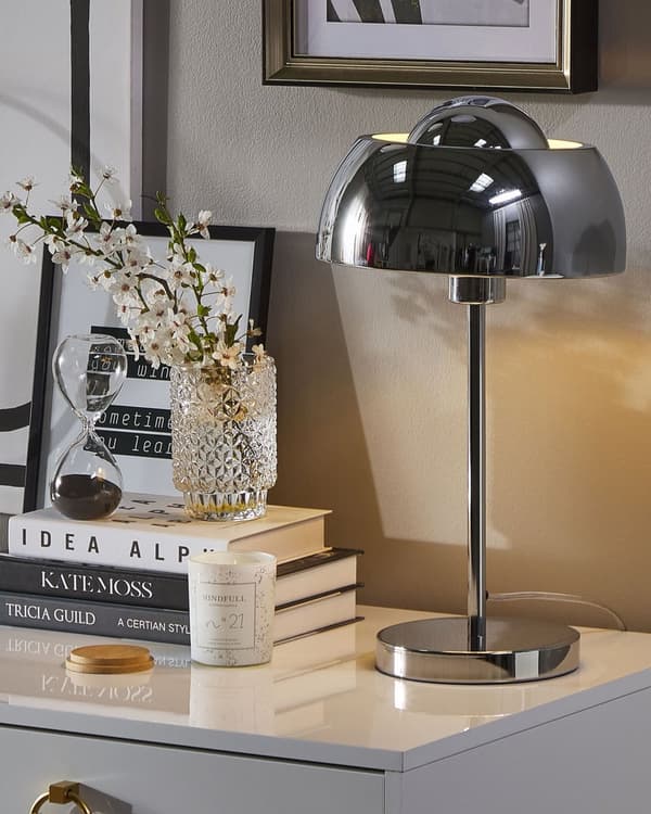 Bordlampe Nattbordslampe Sølv Metall 44 cm Rund Sokkel Kuppel Skjerm Industriell